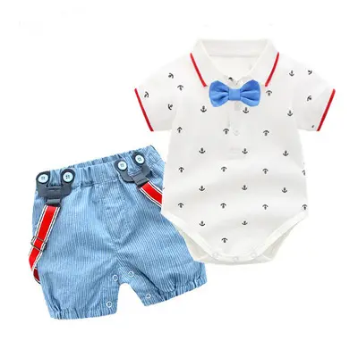 加工定制 跨境外贸童装婴幼服饰男宝宝短袖爬服领结背带套装礼服