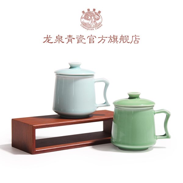 龙泉青瓷茶杯同心杯陶瓷个人杯带手柄过滤茶水杯办公杯马克杯雕刻