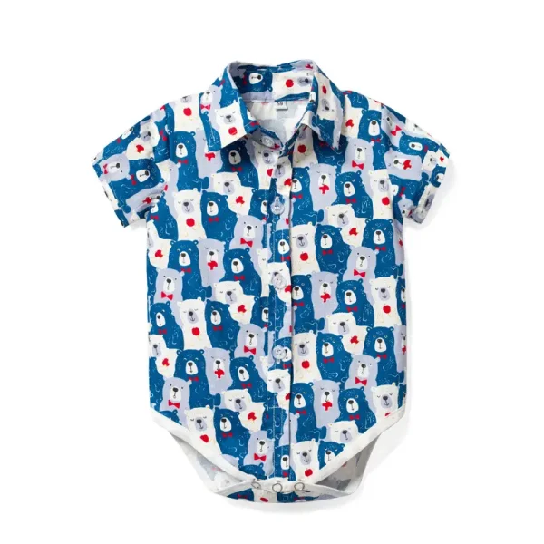 现货跨境男宝宝绅士三角哈衣夏季新款短袖爬服卡通印花代发卡通熊