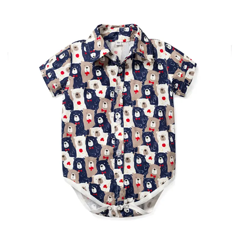 现货跨境男宝宝绅士三角哈衣夏季新款短袖爬服卡通印花代发卡通熊