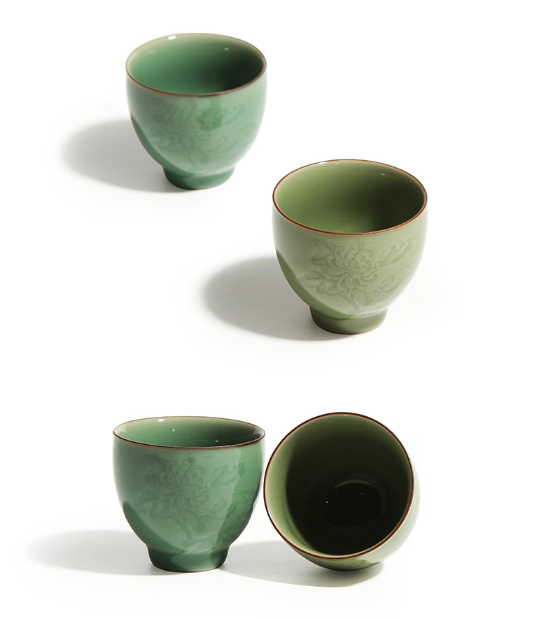 龙泉青瓷原矿手工刻花主人杯个人杯陶瓷大号单杯品茗杯鸡心杯雕刻