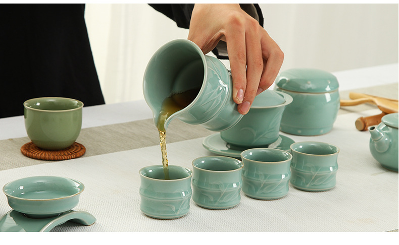 龙泉青瓷 茶具套装陶瓷功夫茶杯盖碗公道杯六君子礼盒装 商务礼品