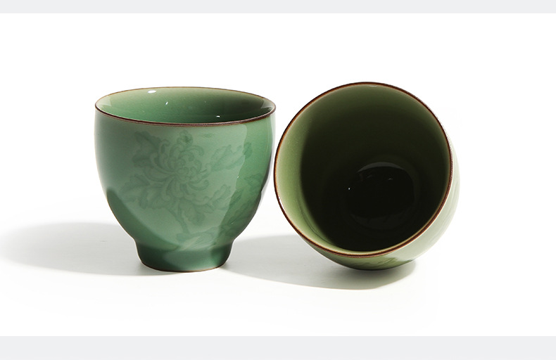 龙泉青瓷原矿手工刻花主人杯个人杯陶瓷大号单杯品茗杯鸡心杯雕刻