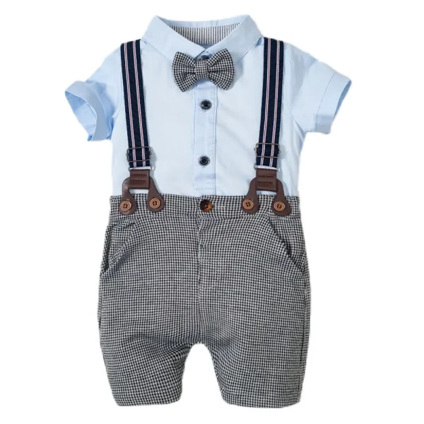 加工定制 跨境外贸童装婴幼服饰男宝宝短袖爬服领结背带套装礼服
