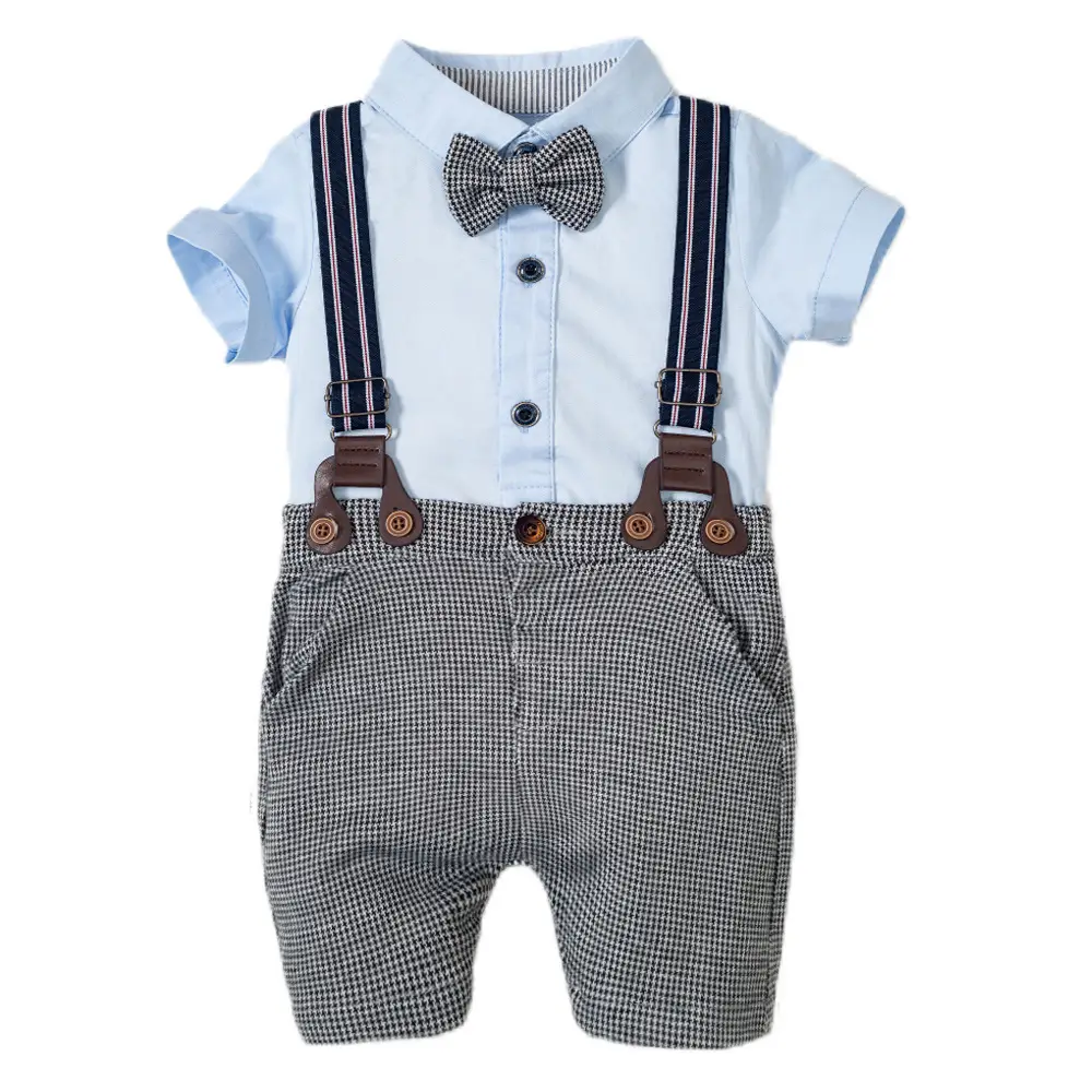 加工定制 跨境外贸童装婴幼服饰男宝宝短袖爬服领结背带套装礼服