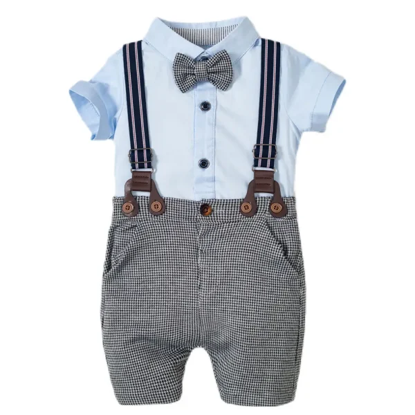 加工定制 跨境外贸童装婴幼服饰男宝宝短袖爬服领结背带套装礼服
