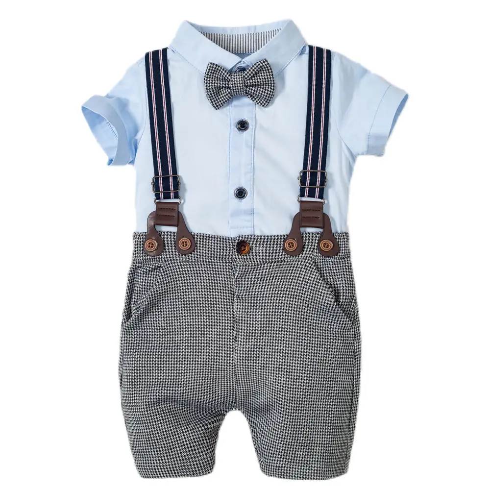加工定制 跨境外贸童装婴幼服饰男宝宝短袖爬服领结背带套装礼服