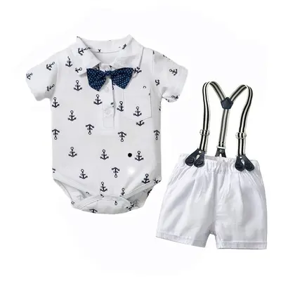 加工定制 跨境外贸童装婴幼服饰男宝宝短袖爬服领结背带套装礼服