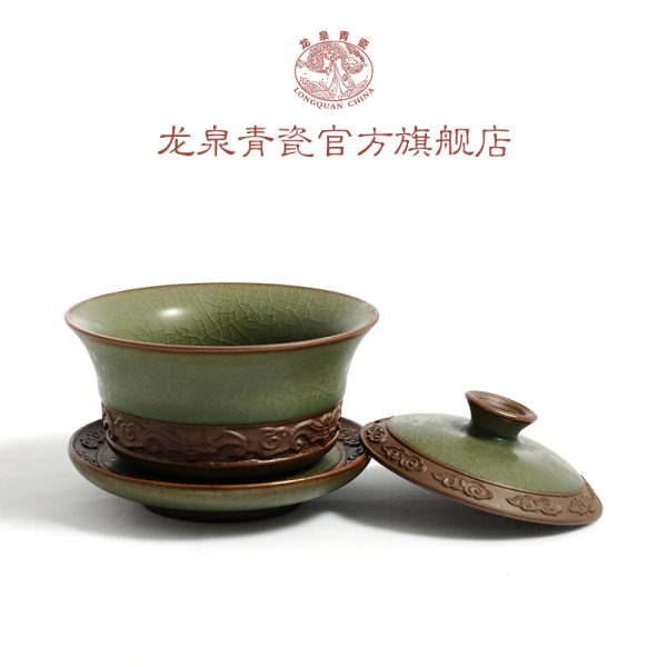 龙泉青瓷 创意手工刻花功夫茶具三才盖碗 陶瓷泡茶碗日式盖杯雕刻