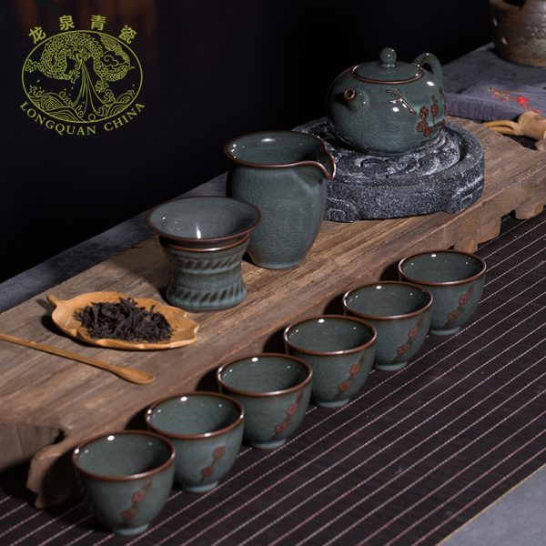 龙泉青瓷 功夫茶具套装陶瓷茶壶铁胎茶杯高端家用商务送礼礼盒装