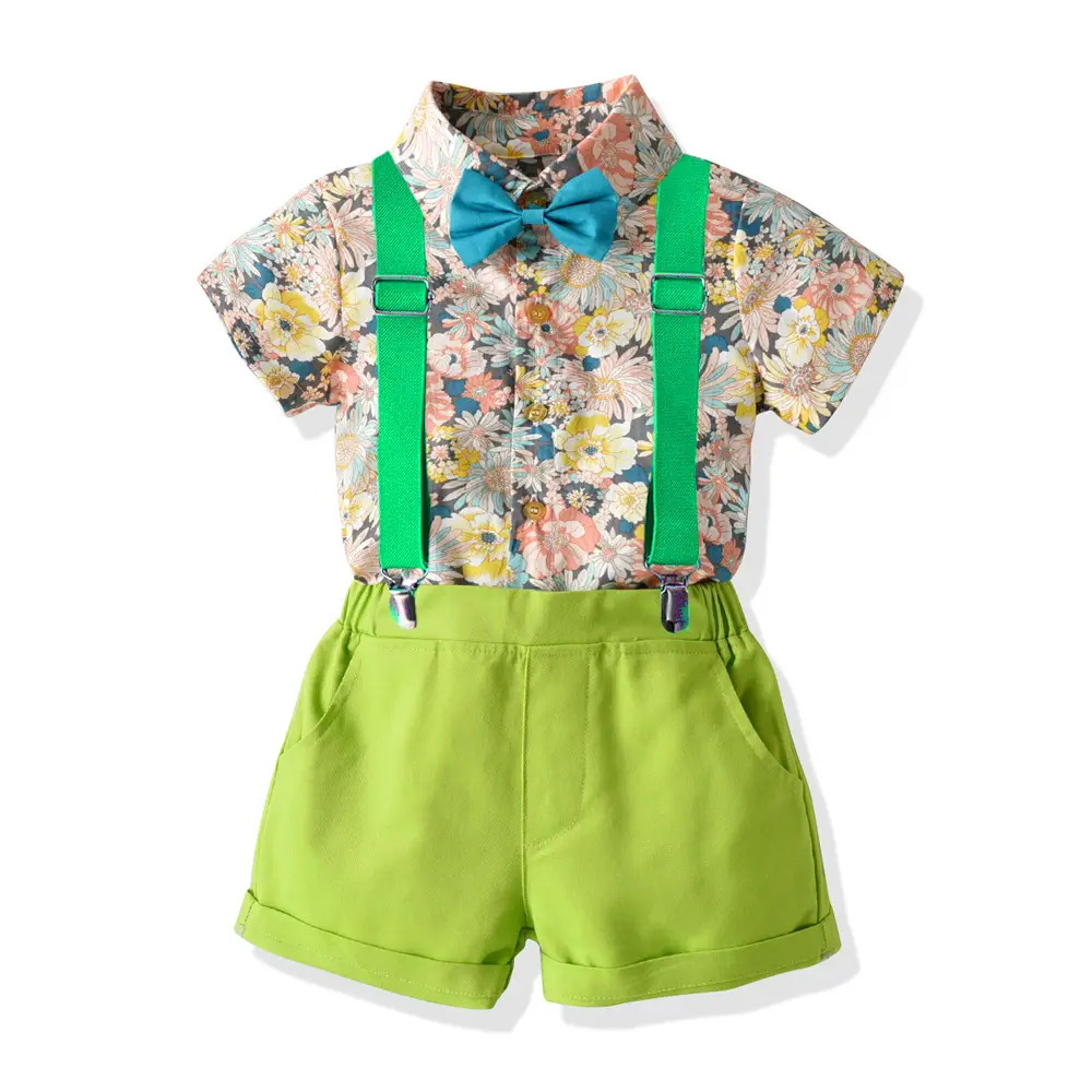 儿童礼服children男童套装短袖衬衫印花开衫背带短裤周岁摄影表演