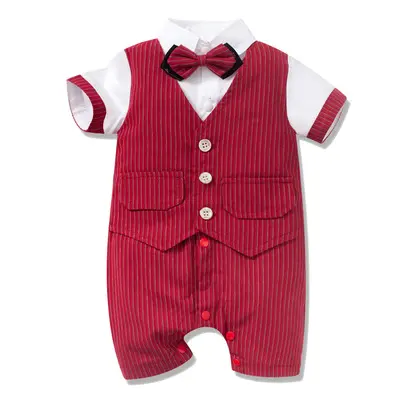 加工定制 跨境外贸童装婴幼服饰男宝宝短袖爬服领结背带套装礼服