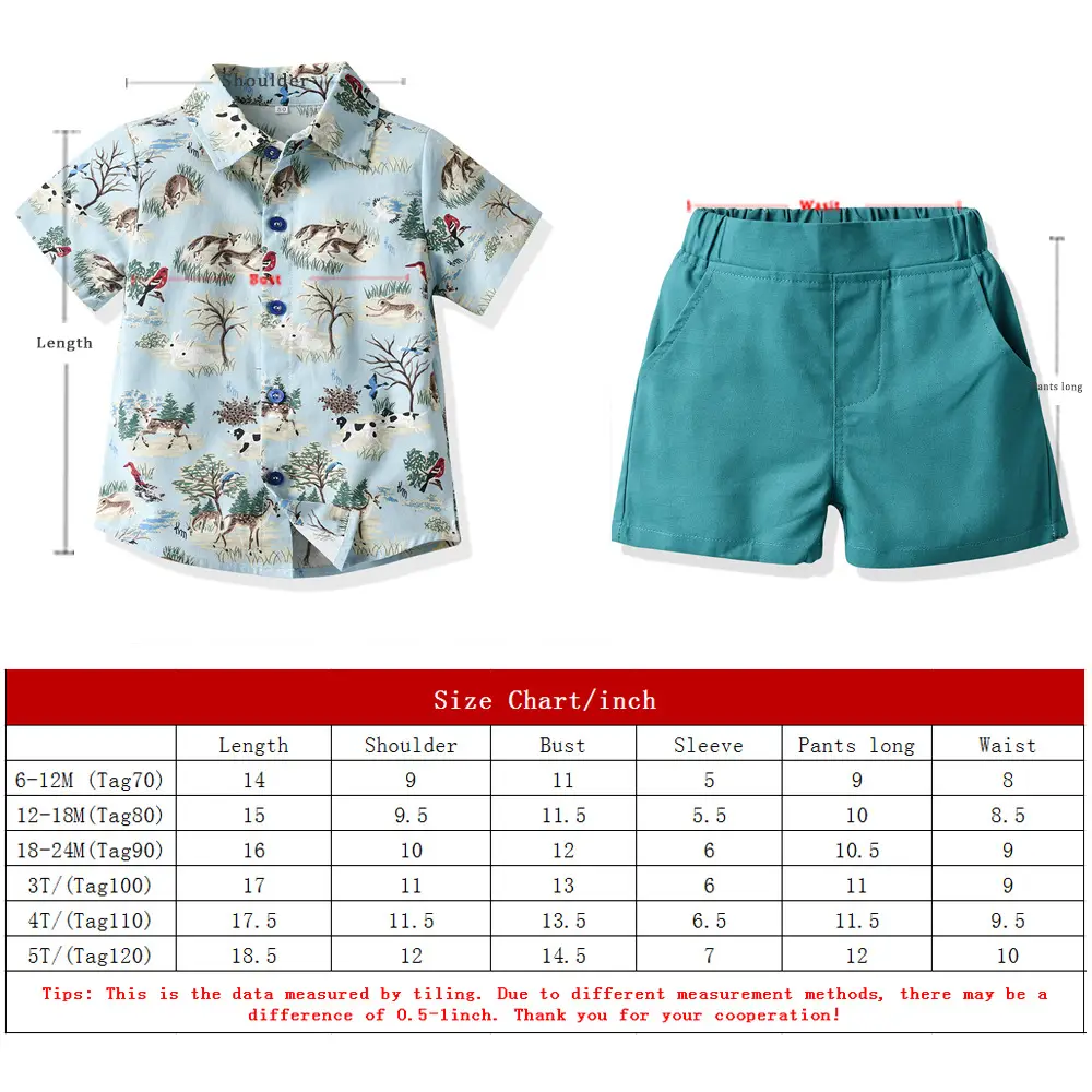 外贸童装 2021夏季棉麻衬衫翻领短袖印花动物套装沙滩风一件代发