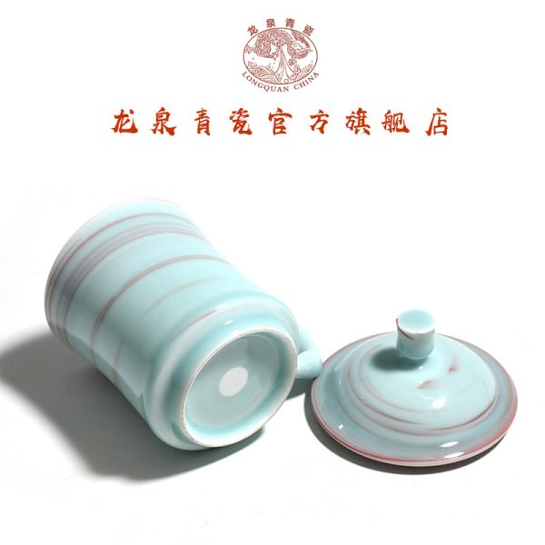 龙泉青瓷 陶瓷办公茶杯中式带盖水杯高档手工杯子商务会议杯 雕刻