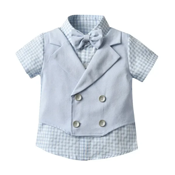 跨境源头工厂夏季礼服装男童宝宝套装绅士短袖纯色马甲两件套装
