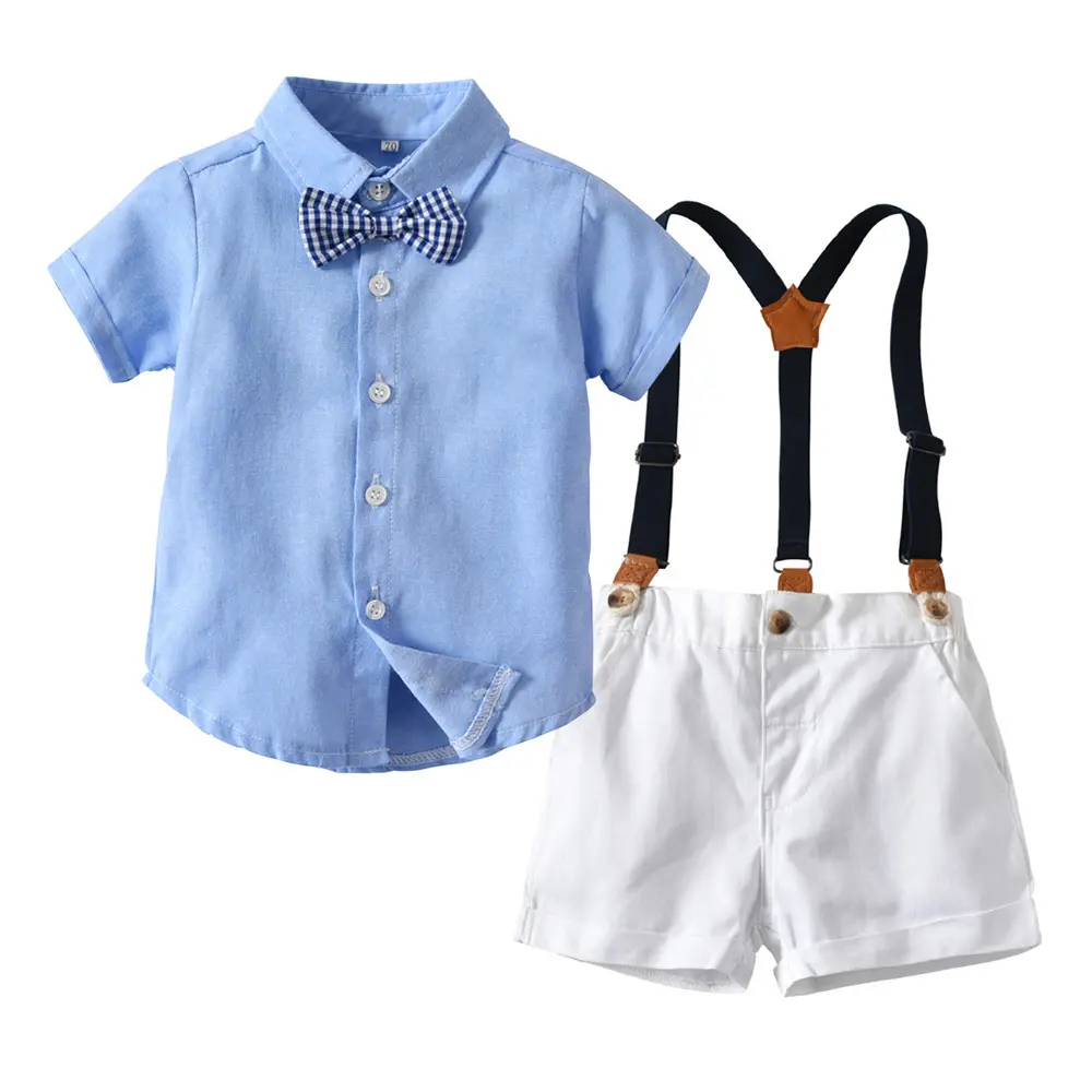 韩版套装春夏童中小童短袖衬衫上衣背带短裤周岁生日礼服一件代发