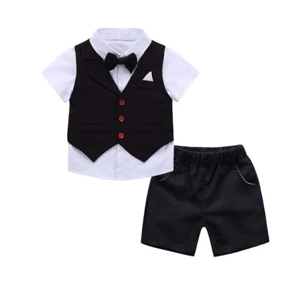 加工定制 男童绅士夏季衬衫宝宝短袖西装马甲儿童礼服三件套1-3岁