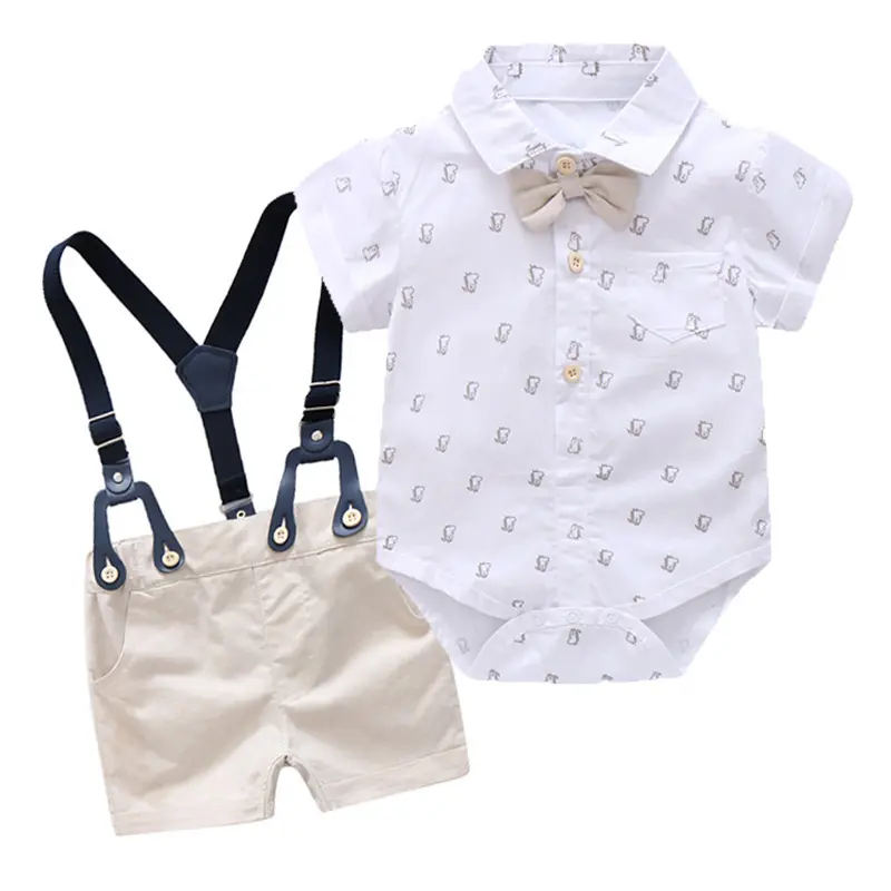 加工定制 跨境 夏季新品男宝宝婴幼儿绅士哈衣小恐龙印花爬服套装