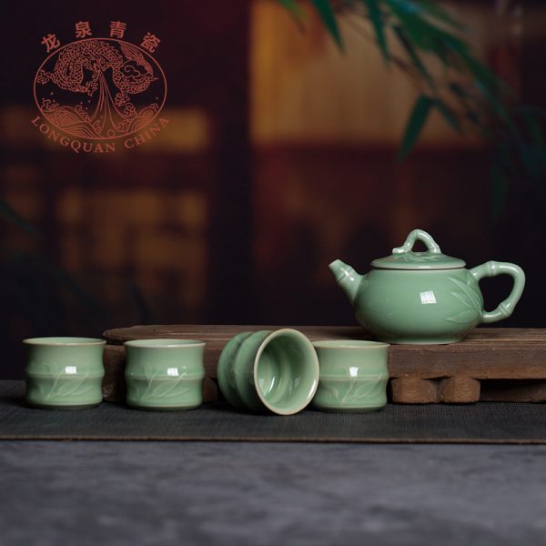 龙泉青瓷厂家直销茶具套装旅行茶具带茶盘 一壶四杯商务礼品雕刻