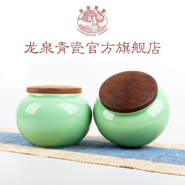 龙泉青瓷 创意木盖陶瓷密封茶叶罐 茶叶包装罐礼盒装批发雕刻logo