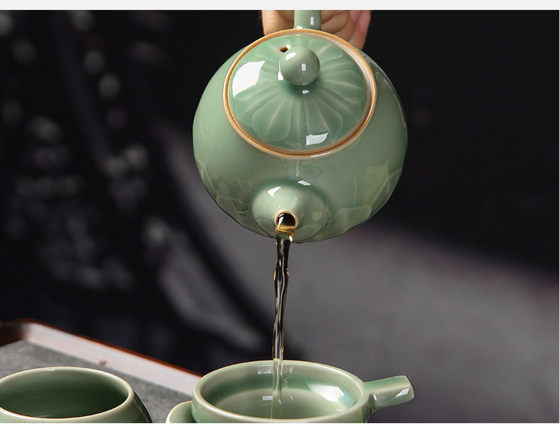 龙泉青瓷 创意仿古釉莲瓣茶壶茶具套装 陶瓷功夫茶具礼品雕刻logo