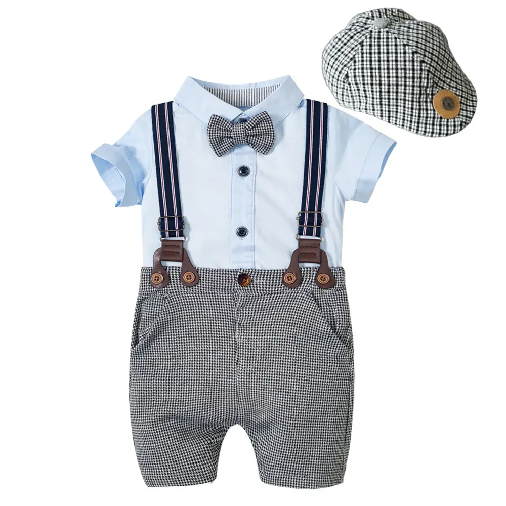 加工定制 跨境外贸童装婴幼服饰男宝宝短袖爬服领结背带套装礼服