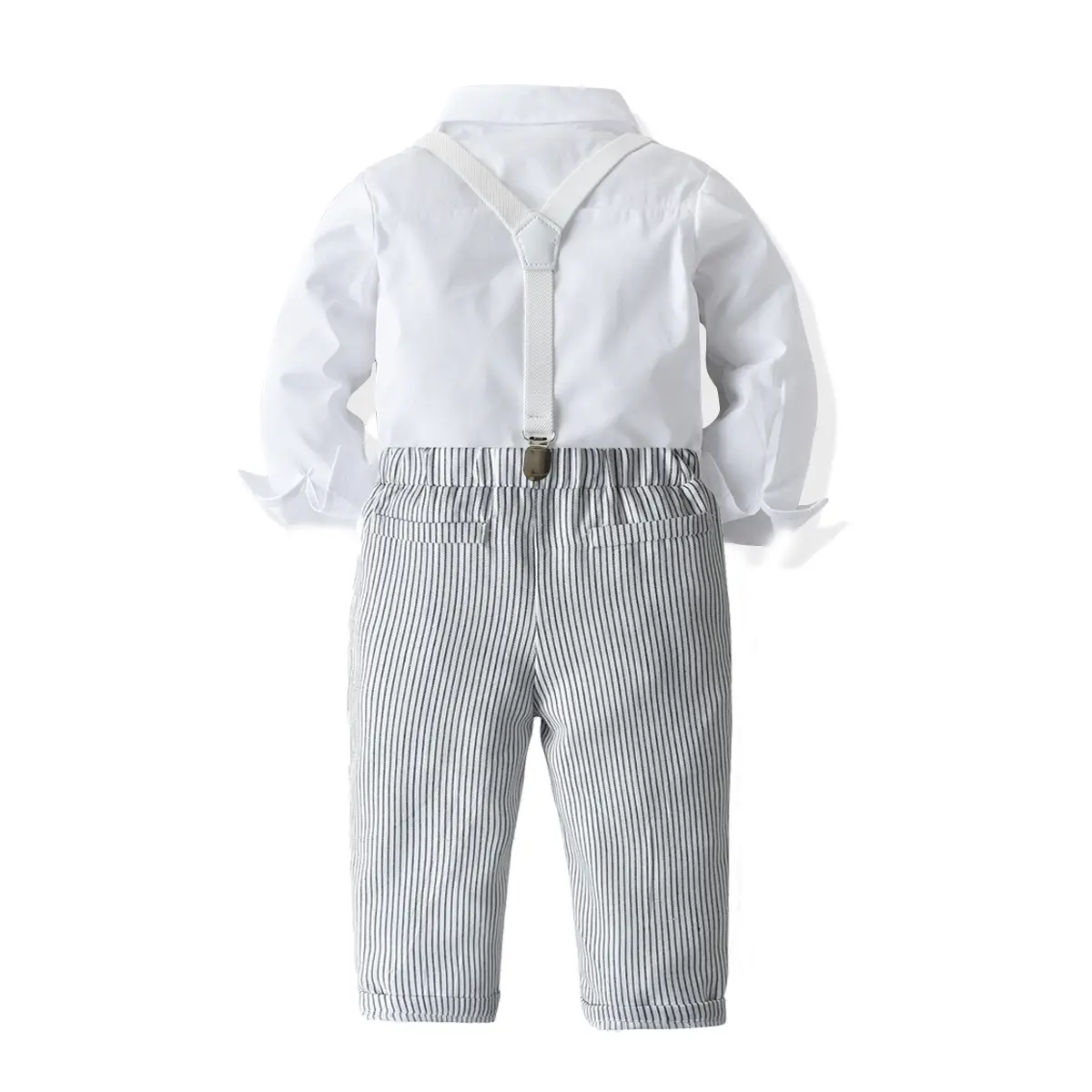 加工定制 男童婴儿生日宴抓周服背带条纹裤长袖衬衣儿童秋装套装
