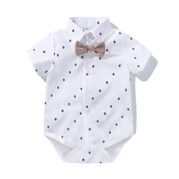 厂家定做跨境夏季新款男宝宝绅士礼服印花爬服婴幼儿三角哈衣批发