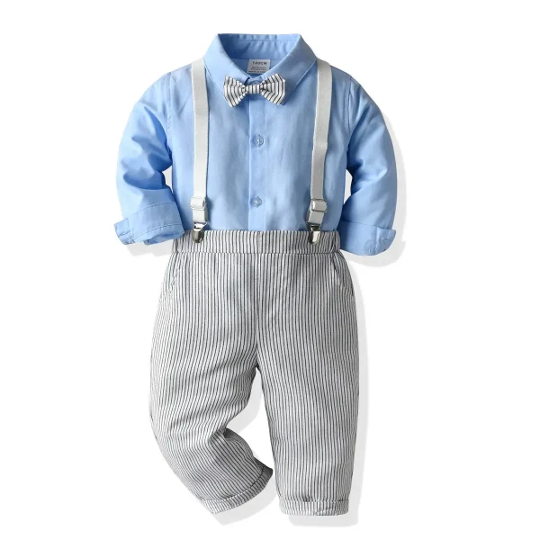 加工定制 男童婴儿生日宴抓周服背带条纹裤长袖衬衣儿童秋装套装