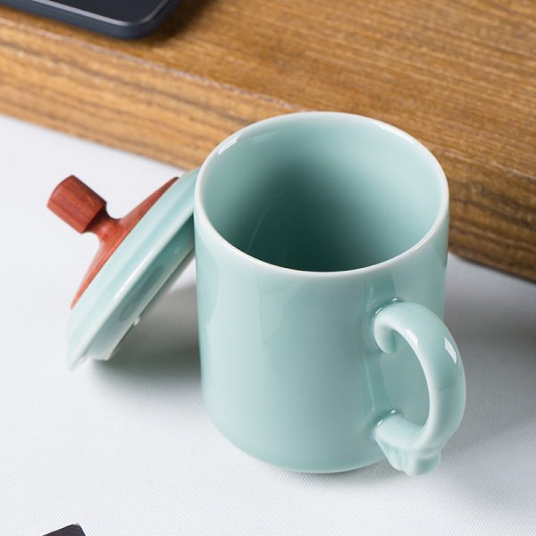龙泉青瓷办公杯 男士高档茶杯礼品中式陶瓷带盖杯子会议水杯