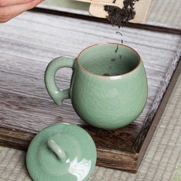 龙泉青瓷 带盖办公杯马克杯茶杯 陶瓷家用喝水杯商务足浴礼品批发