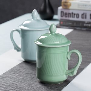 龙泉青瓷 陶瓷茶杯办公会议杯子带盖男女士酒店泡茶杯马克杯雕刻