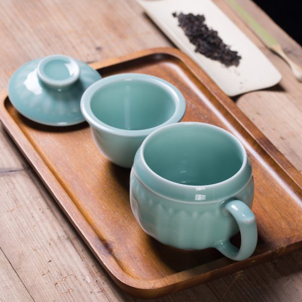 龙泉青瓷 陶瓷茶杯旅行便携带盖同心杯泡茶杯办公礼品杯 可雕刻