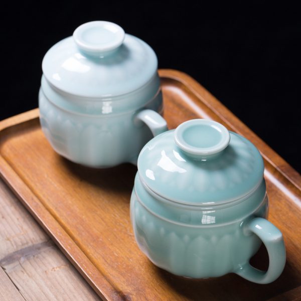 龙泉青瓷 陶瓷茶杯旅行便携带盖同心杯泡茶杯办公礼品杯 可雕刻