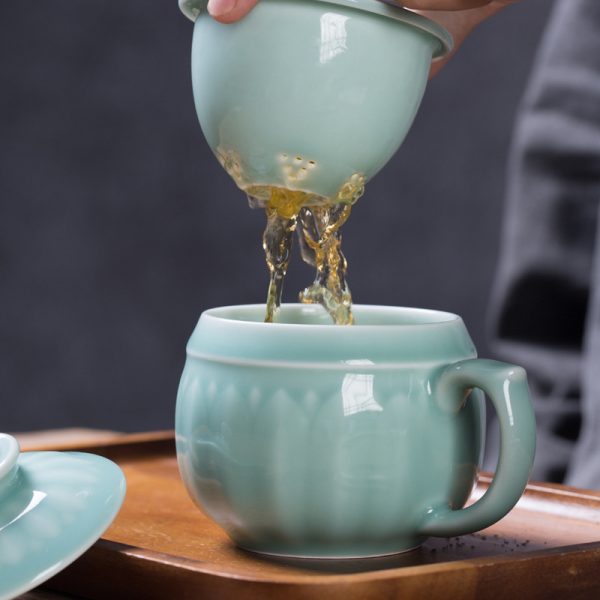 龙泉青瓷 陶瓷茶杯旅行便携带盖同心杯泡茶杯办公礼品杯 可雕刻