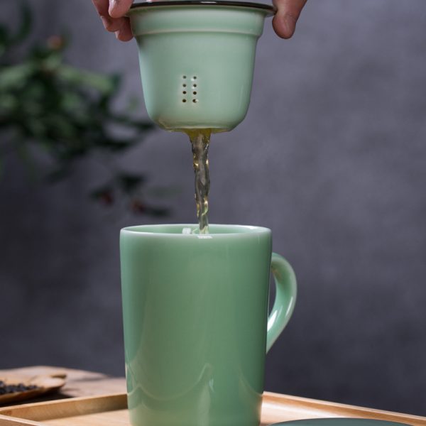 龙泉青瓷办公杯 陶瓷茶杯马克杯过滤内胆创意现代家用 办公泡茶杯