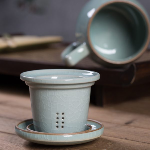龙泉青瓷 茶杯陶瓷水杯过滤带盖办公室马克杯家用泡茶冰裂 刻LOGO