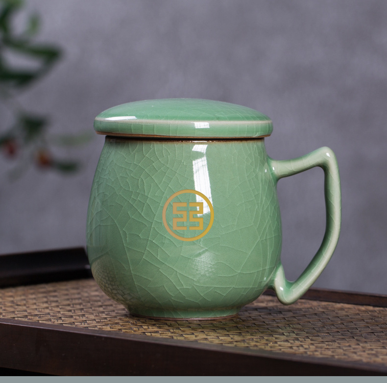 龙泉青瓷 茶杯陶瓷水杯过滤带盖办公室马克杯家用泡茶冰裂 刻LOGO