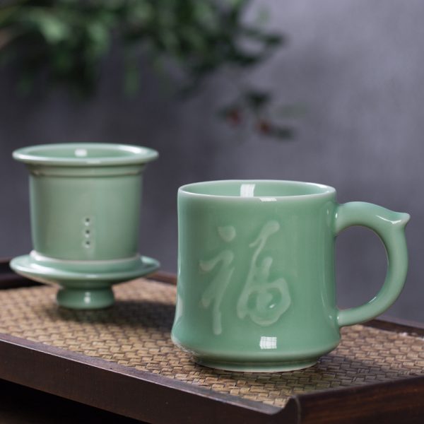 龙泉青瓷茶杯 陶瓷水杯过滤茶内胆杯带盖水分离同心杯功夫办公杯