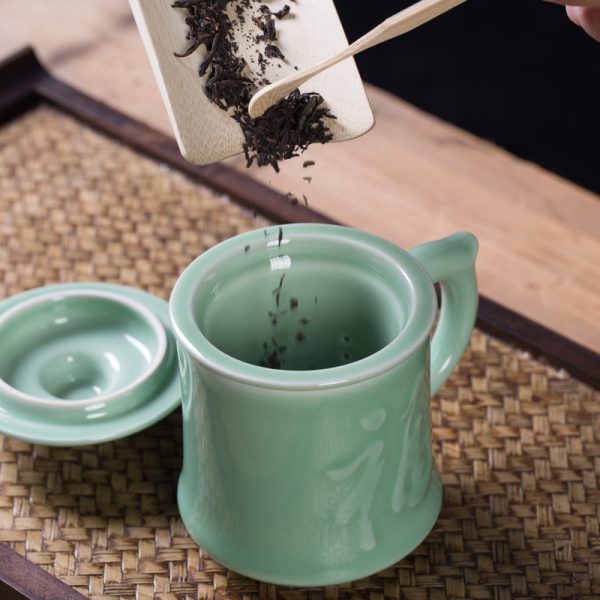 龙泉青瓷茶杯 陶瓷水杯过滤茶内胆杯带盖水分离同心杯功夫办公杯