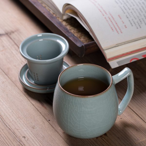 龙泉青瓷 茶杯陶瓷水杯过滤带盖办公室马克杯家用泡茶冰裂 可LOGO