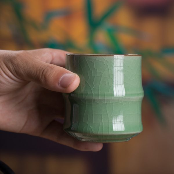 龙泉青瓷陶瓷茶杯竹节办公杯会议待客品茗杯中式家用水杯小茶碗