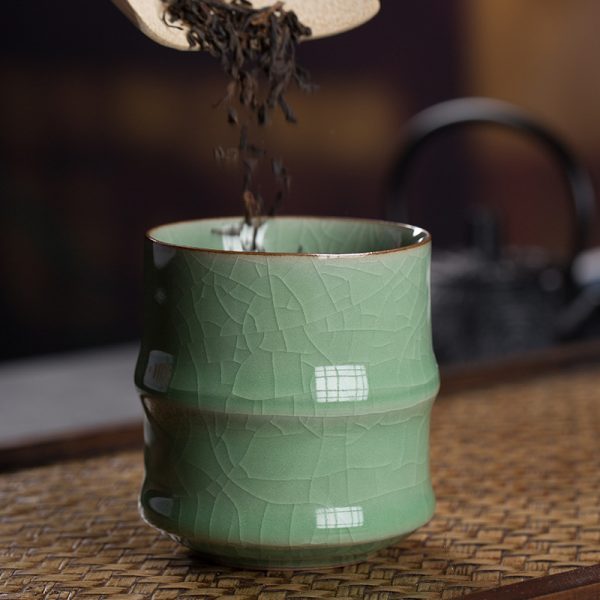 龙泉青瓷陶瓷茶杯竹节办公杯会议待客品茗杯中式家用水杯小茶碗