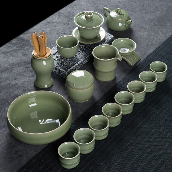龙泉青瓷 茶具套装陶瓷功夫茶杯盖碗公道杯六君子礼盒装 商务礼品
