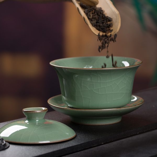 龙泉青瓷 功夫茶盖碗三才敬茶杯 陶瓷茶具中式仿古家用手抓分茶器