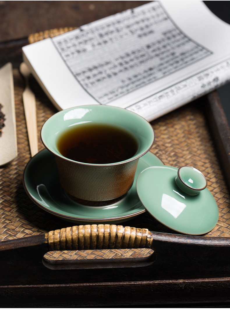 龙泉青瓷 盖碗三才功夫茶碗陶瓷中式家用纯手工跳刀敬茶杯 送礼