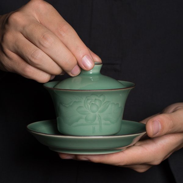龙泉青瓷 纯手工盖碗三才功夫茶具敬茶碗中式家用陶瓷 厂家直销
