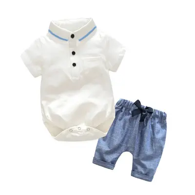 加工定制 跨境外贸童装婴幼服饰男宝宝短袖爬服领结背带套装礼服