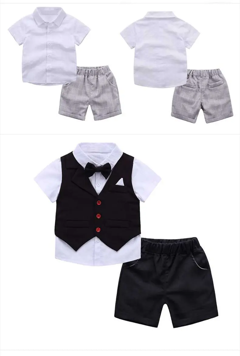 加工定制 男童绅士夏季衬衫宝宝短袖西装马甲儿童礼服三件套1-3岁