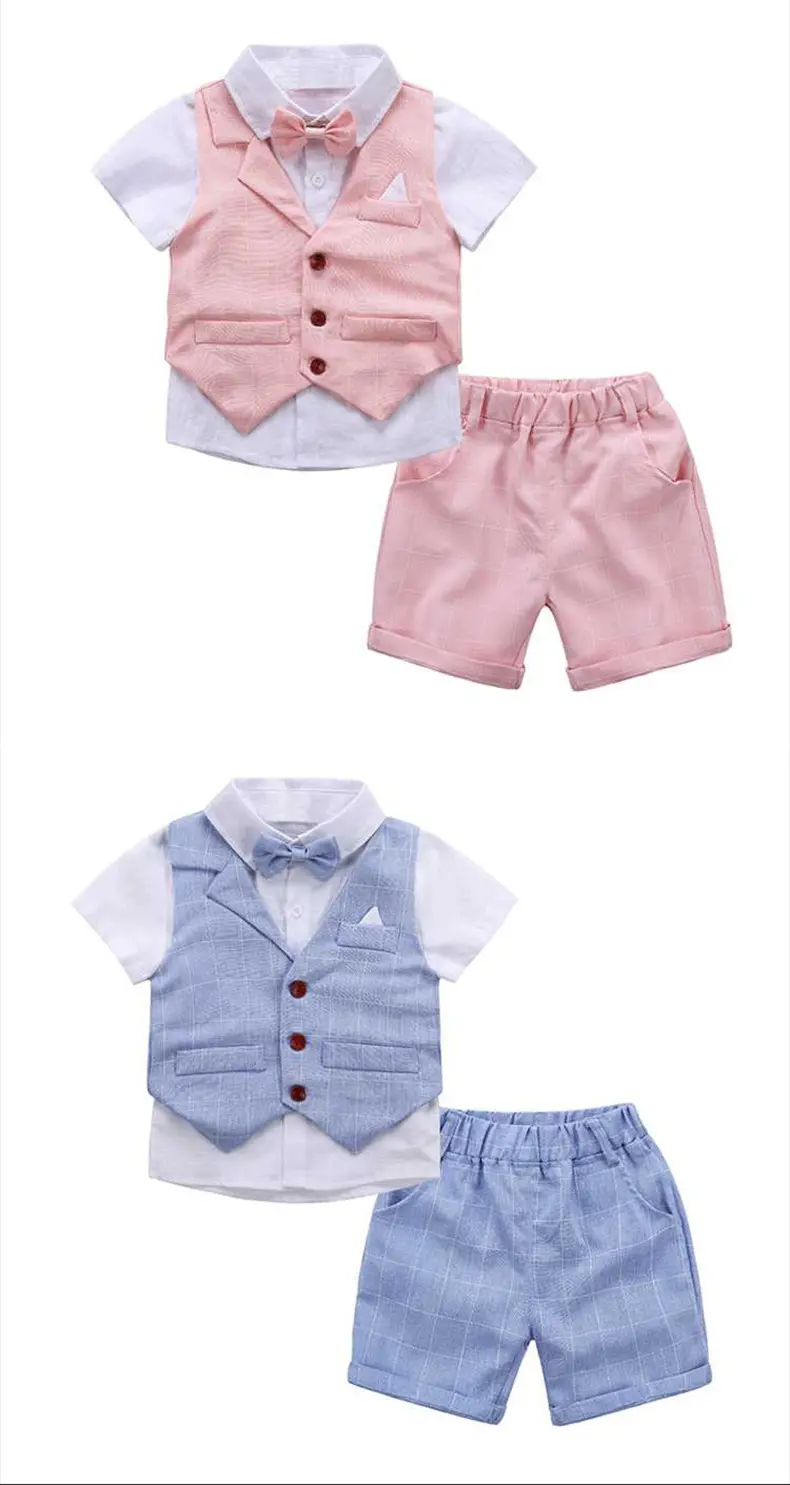 加工定制 男童绅士夏季衬衫宝宝短袖西装马甲儿童礼服三件套1-3岁